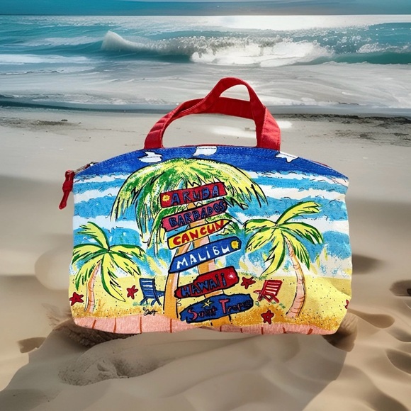 Source Unknown Handbags - Paradise/Beach Themed Purse - Cotton Canvas - Caricature Starfish - Palm Trees